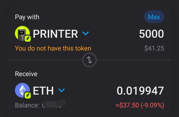 A cryptocurrency exchange interface shows a swap of 5000 PRINTER tokens (valued at $41.25) for 0.019947 ETH (≈$37.50), with a warning that the user does not have the PRINTER token.