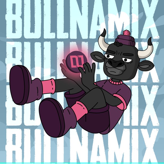 The image features a cartoon bull character with horns sitting down, holding a pink ball above its head. The background of the image has white text that reads "Bullnix" and "FUSE IT OR LOSE IT! Next #DYNMX distribution is on June 1st, only fully-fused NFTs are eligible for this months rewards. If you don't want to miss out on this months rewards, fuse your NFT(s) before the new month starts!".