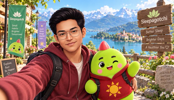 A young man with glasses and a red hoodie takes a selfie alongside a green, smiling cartoon character with a red pointed head, set against a scenic backdrop with "Sleepagotchi" signs reading "Better Sleep, Brighter Days, A Healthier You."