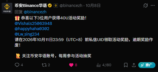 A screenshot of a tweet from Binance Chinese (@binancezh) dated October 8th, announcing a giveaway for the top 3 commenters to receive 40U activity rewards.