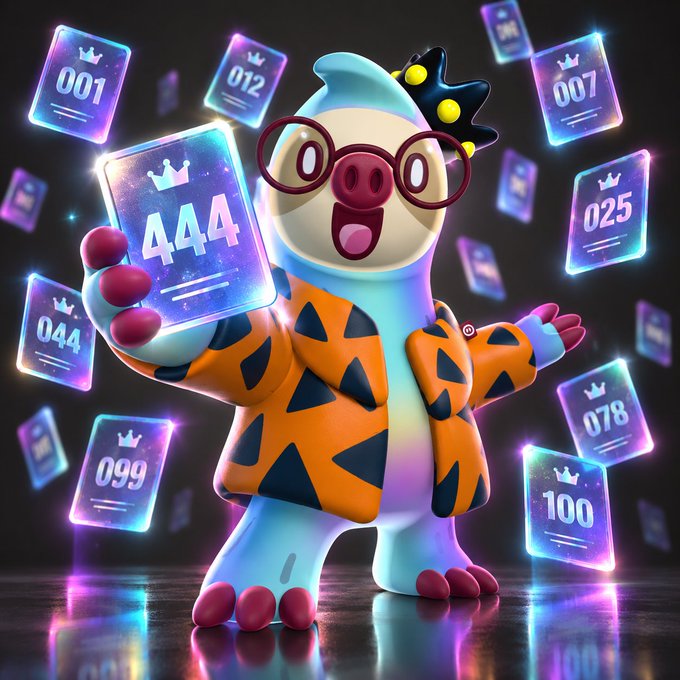 A 3D cartoon pig character wearing glasses and an orange patterned jacket holds up a card numbered '444' surrounded by floating numbered cards.