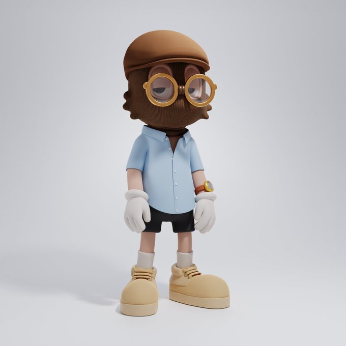 A 3D rendered character with dark skin wearing a brown beanie, round gold glasses, light blue short-sleeved shirt, black shorts, white gloves, a gold watch, and tan shoes, standing against a plain white background.