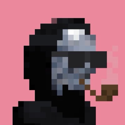 A pixel art portrait on a pink background showing a dark-haired figure with blue/gray facial features and a brown pipe or cigar.
