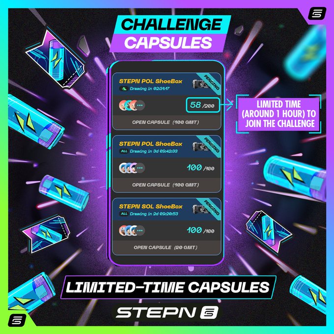 A promotional graphic for STEPN titled 'CHALLENGE CAPSULES' advertising limited-time draws for STEP'N POL ShoeBox items priced in GMT tokens.