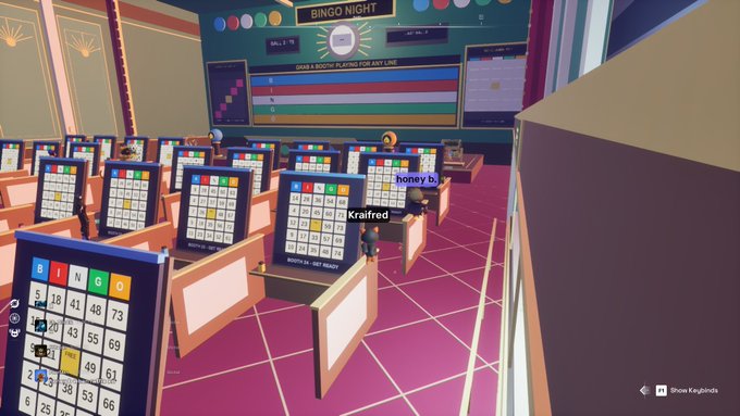 A virtual bingo hall game scene shows multiple bingo cards, player name tags, and a 'BINGO NIGHT' banner, with users 'honey b' and 'Kraifred' visible.
