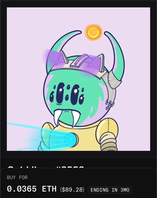 A digital illustration of a green alien-like NFT character wearing a horned helmet and holding a sword is displayed for sale at 0.0365 ETH ($89.28) with the text 'ENDING IN 3MO' shown below.