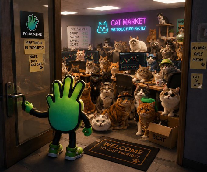 A digital illustration of an anthropomorphic green hand character (FOUR.MEME) opening a door to a room filled with cats working at computers. Signs read 'CAT MARKET WE TRADE PURR-FECTLY', 'TOP GAINERS $PURR, $MEOW, $WHISKER, $CATZ', 'NO WORK ONLY MEOW', and a doormat says 'WELCOME TO CAT MARKET'.