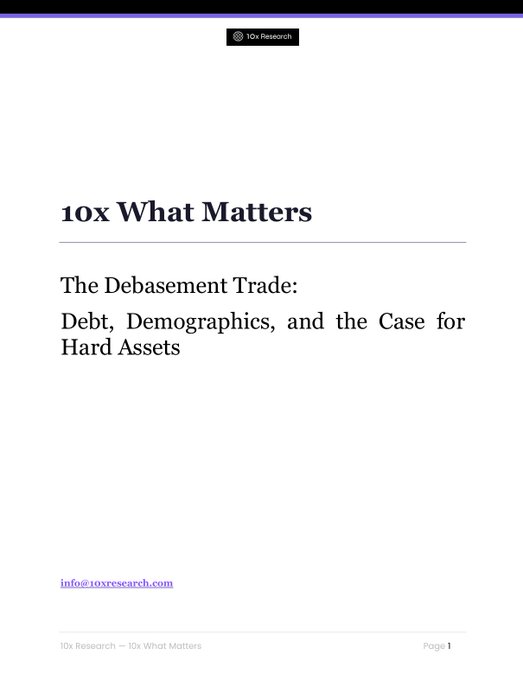 A 10x Research document cover page titled '10x What Matters' with the subtitle 'The Debasement Trade: Debt, Demographics, and the Case for Hard Assets.'