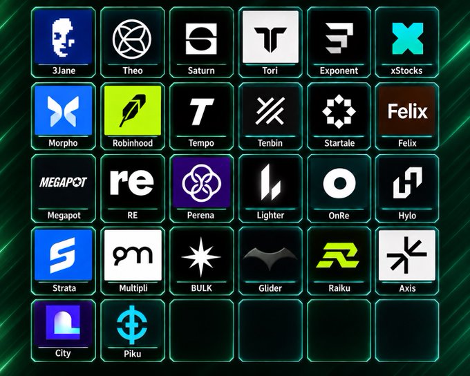 A grid of cryptocurrency or app icons including '3Jane', 'Theo', 'Saturn', 'Tori', 'Morpho', 'Robinhood', and others set against a green background.