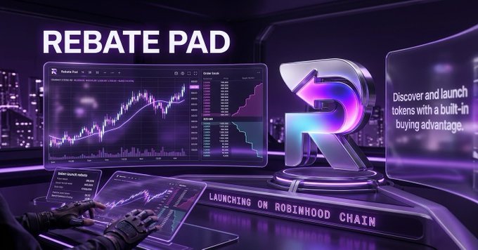 A futuristic purple “REBATE PAD” trading interface shows market charts, a large metallic “R,” and text reading “Discover and launch tokens with a built-in buying advantage” and “LAUNCHING ON ROBINHOOD CHAIN.” The graphic illustrates @RebateLaunch’s model of offering a 3% buy bonus and passive USDG rewards to token holders.