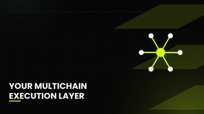 A dark graphic with green geometric shapes and a network node icon, labeled "YOUR MULTICHAIN EXECUTION LAYER".