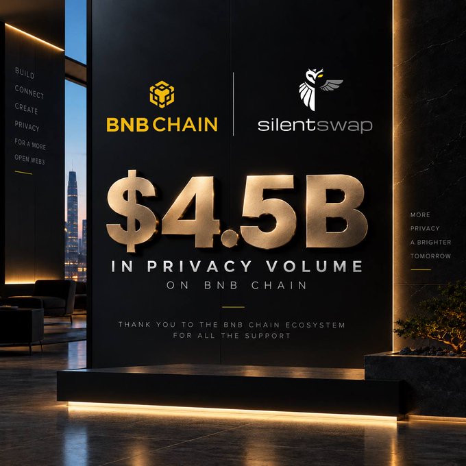 A promotional graphic for BNB Chain and Silentswap displaying '$4.5B IN PRIVACY VOLUME ON BNB CHAIN,' thanking the BNB Chain ecosystem for support.