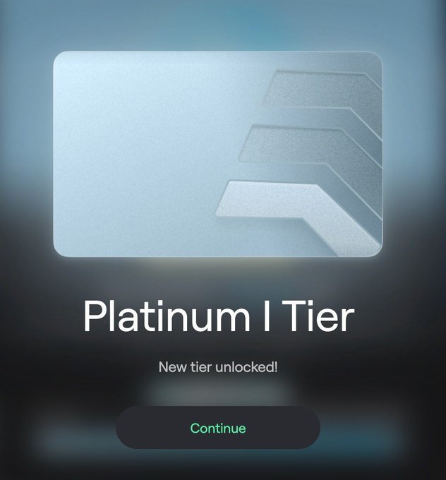 A digital achievement screen displaying a metallic silver card with the text "Platinum I Tier" below it and "New tier unlocked!" with a green "Continue" button.