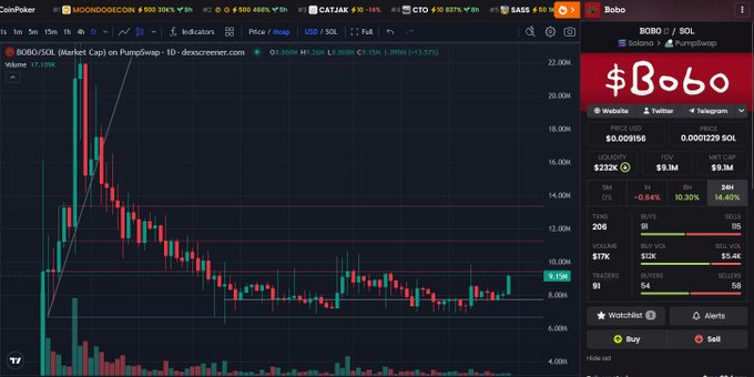 A cryptocurrency trading interface on CoinPoker/DEX Screener showing a price chart for 'BOBO/SOL (Market Cap)' with a current price around $0.009156 and liquidity of $232K.