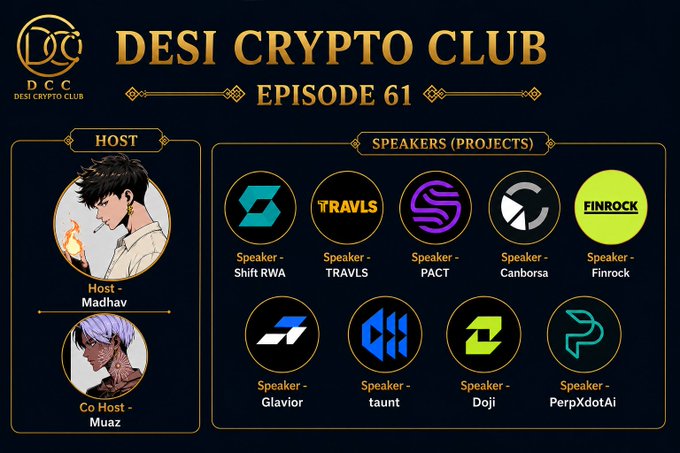 A promotional poster for 'DESI CRYPTO CLUB - EPISODE 61' featuring hosts Madhav and Muaz, and speakers representing projects Shift RWA, TRAVLS, PACT, Canborsa, Finrock, Glavior, taunt, Doji, and PerpXdotAi.