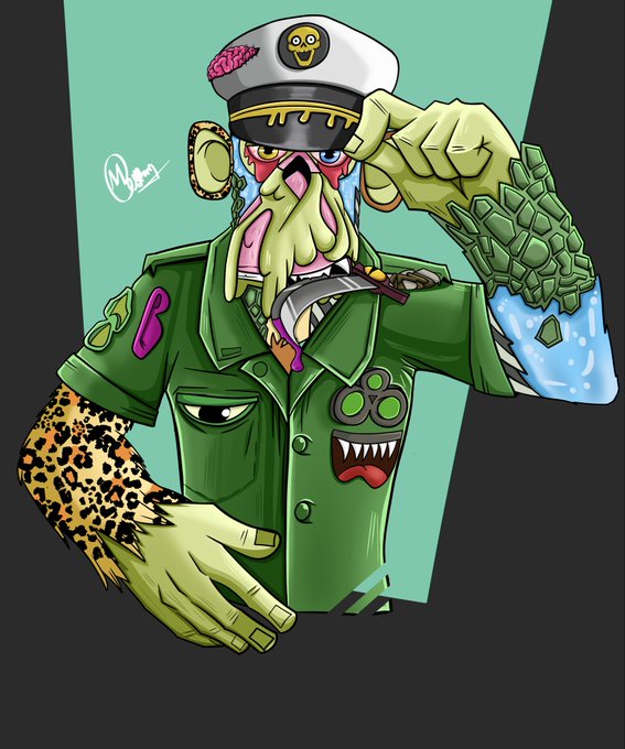 A cartoon illustration of a monstrous green character wearing a military-style cap with an exposed brain and a green jacket featuring a monstrous mouth, smoking a cigarette with a scaly green hand raised.
