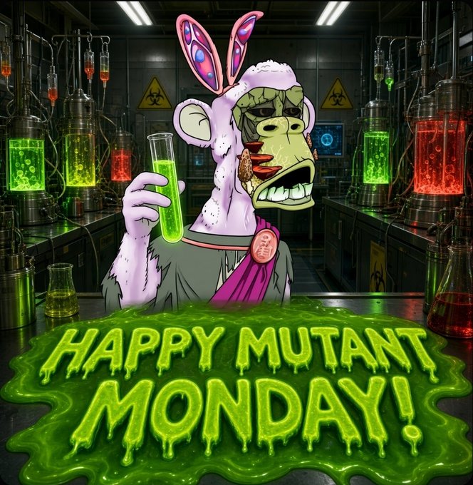 A cartoon illustration of a mutant gorilla wearing pink bunny ears and lipstick holding a test tube of green liquid in a laboratory, with 'HAPPY MUTANT MONDAY!' text in dripping green slime letters.