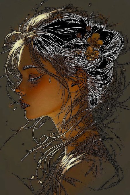 An artistic illustration depicting a woman in profile with intricate, sketchy hair adorned with a butterfly and flower accessories.