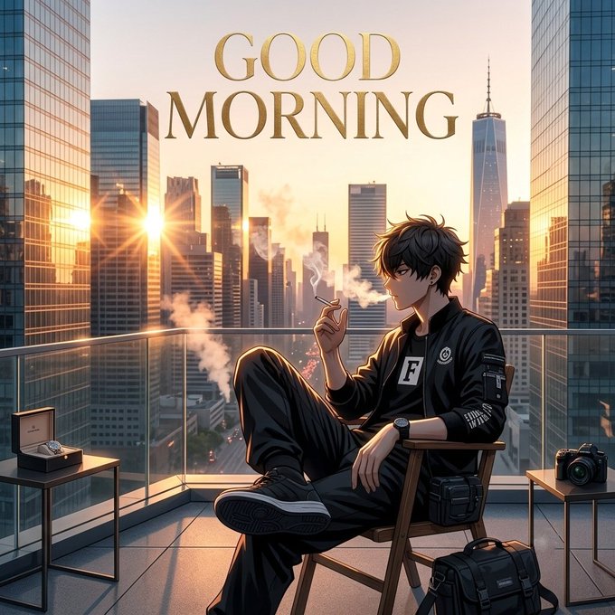 An anime-style illustration of a young man in black clothing sitting on a balcony chair smoking, with a city skyline at sunrise behind him and gold text reading 'GOOD MORNING' at the top.