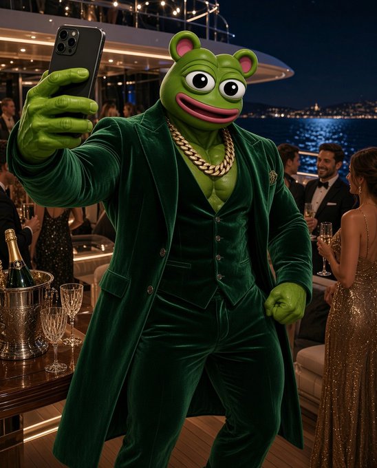 AI-generated image of a green Pepe frog character in a green velvet suit with a gold chain, taking a selfie on a luxury yacht at night.