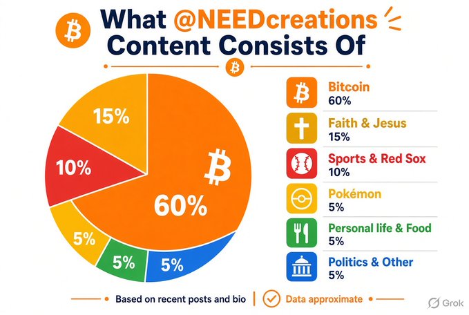 A pie chart titled 'What @NEEDcreations Content Consists Of' breaks down content topics: Bitcoin 60%, Faith & Jesus 15%, Sports & Red Sox 10%, Pokémon 5%, Personal life & Food 5%, and Politics & Other 5%.