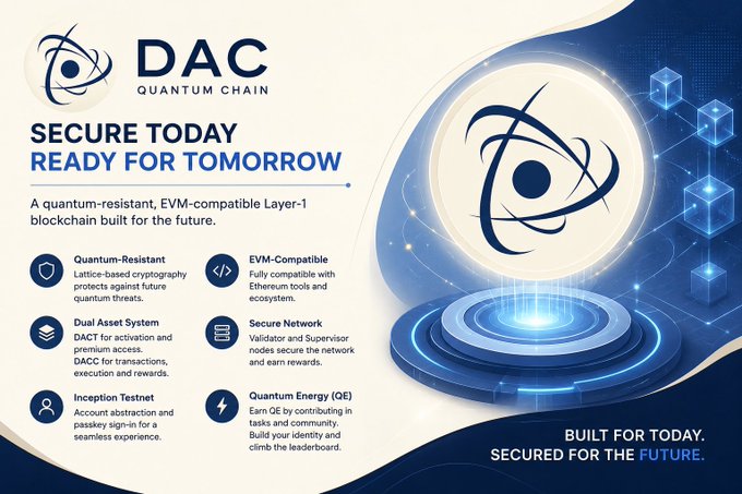 A promotional infographic for 'DAC Quantum Chain' describing it as 'A quantum-resistant, EVM-compatible Layer-1 blockchain built for the future' with the tagline 'SECURE TODAY READY FOR TOMORROW' and 'BUILT FOR TODAY. SECURED FOR THE FUTURE.'