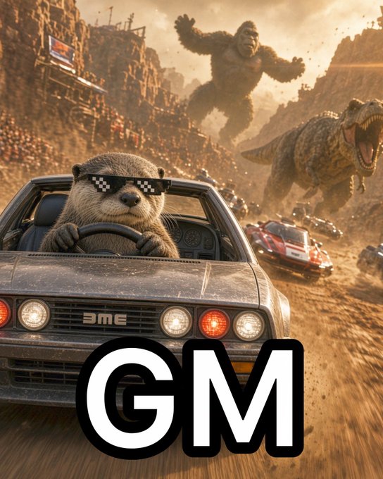 An action-packed movie-style scene featuring an otter wearing pixelated sunglasses driving a car, with King Kong and a T-Rex visible in the background; the letters 'GM' are displayed prominently at the bottom.