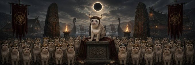 A hooded cat with glowing eyes sits atop a stone altar at the center of a nocturnal feline ritual, illuminated by a solar eclipse and flanked by banners and torches, as a legion of cats gathers in devotion below. The dramatic, cult-like imagery matches the post's promotion of the $BULLCAT meme coin, framing the token as a powerful, attention-commanding "new boss" ready to rally a crowd.