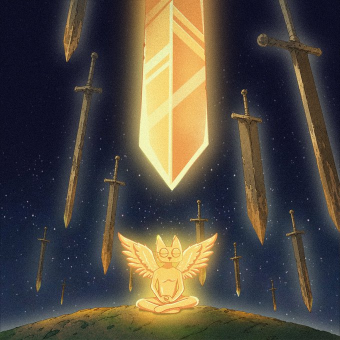 An illustration of a winged humanoid figure meditating beneath a glowing geometric crystal, surrounded by floating swords against a starry background.