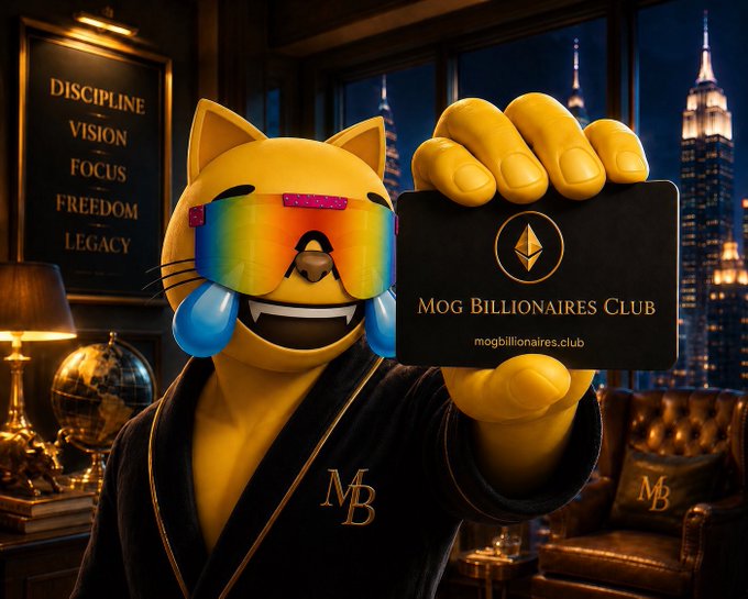 A 3D-rendered yellow cat emoji wearing rainbow shutter shades and a black robe holds up a black card labeled 'MOG BILLIONAIRES CLUB' (mogbillionaires.club) with an Ethereum logo, set in a luxury room with city skyline views and a plaque reading 'DISCIPLINE VISION FOCUS FREEDOM LEGACY.'