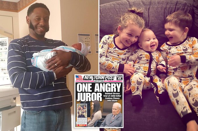 A composite image showing a man holding a swaddled newborn baby in a hospital on the left, and three young children in matching Halloween pajamas laughing together on a couch on the right, with a New York Post newspaper insert about a 'One Angry Juror' headline.