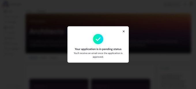 The image shows an online form with a green checkmark, indicating that the application has been approved by the system. The form appears to be related to architecture or design, as suggested by the text "I have been actively involved on the @arc I have submitted my architect application to @arc I created the Mint NFT Dapp and Prediction Market on @arc I will wait for a response from @arc".