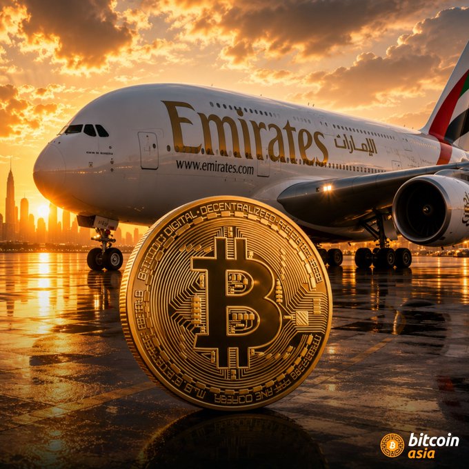 A dramatic sunset image showing an Emirates airplane (www.emirates.com) with a large golden Bitcoin coin in the foreground, featuring a 'bitcoin asia' logo in the bottom right corner.