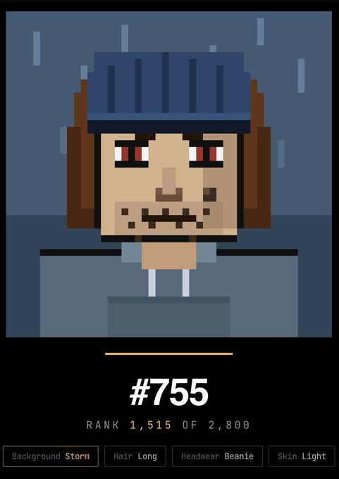 A pixel art character with red eyes and a beanie is shown as NFT #755 ranked 1,515 of 2,800 with a storm background.
