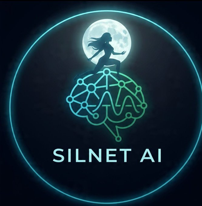 The image features a logo for an AI company named Silenet AI. The logo consists of a brain rendered in green and blue colors, with a woman's silhouette above it. Below the logo, there are two lines of text that read "Humans create chaos" and "AI optimizes the pump".