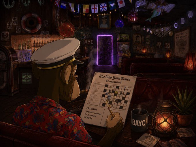 An illustrated scene of a Bored Ape Yacht Club (BAYC) character in a captain's hat doing a New York Times crossword puzzle in a dimly lit, nautical-themed bar with a glowing purple doorway.
