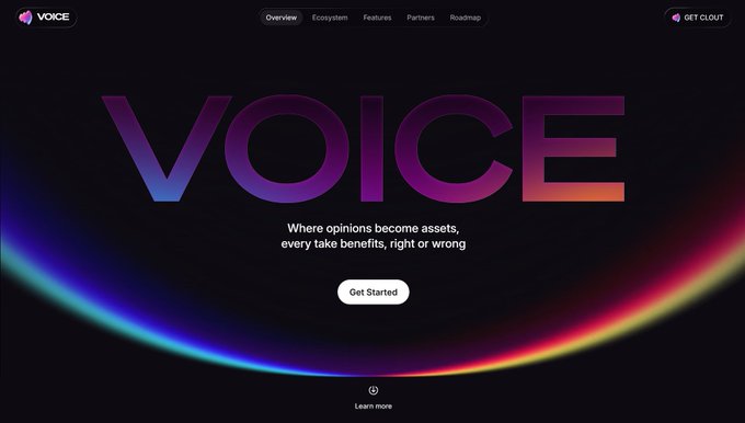 Website hero for 'VOICE' with the tagline 'Where opinions become assets, every take benefits, right or wrong' and a 'Get Started' button, featuring navigation links for Overview, Ecosystem, Features, Partners, and Roadmap.