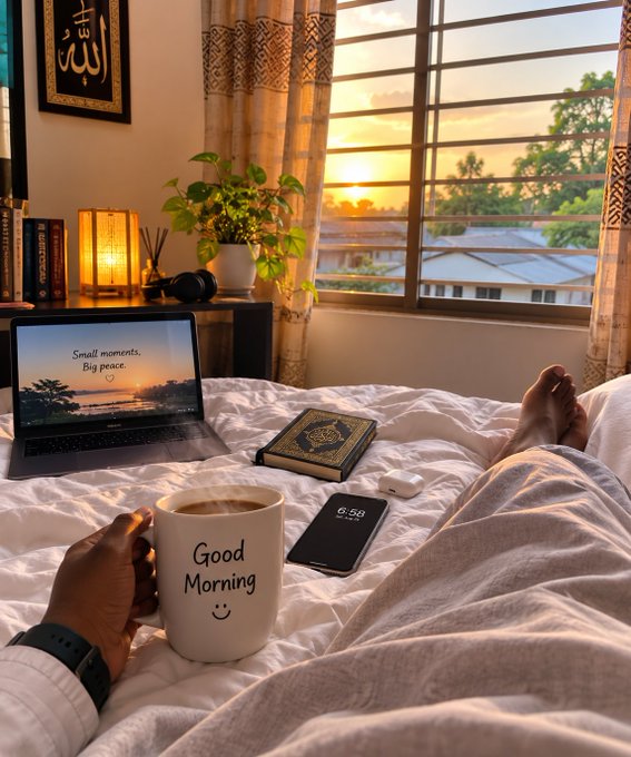 A first-person view of someone in bed holding a 'Good Morning' coffee mug, with a laptop showing 'Small moments, Big peace,' a phone displaying 6:58, a Quran, and a window showing sunrise.