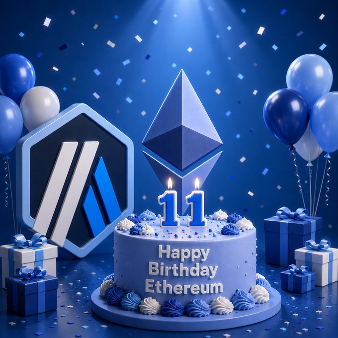 A blue-themed birthday cake featuring two "11" candles, an Ethereum logo topper, and the text "Happy Birthday Ethereum" sits surrounded by blue and white balloons, gift boxes, and confetti. The festive scene perfectly complements the celebration of Ethereum's 11th anniversary and its vision of a programmable economy.