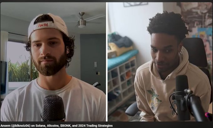 A split-screen podcast or video call featuring a bearded man in a white cap on the left and a man in a beige hoodie on the right, with on-screen text identifying the discussion: 'Ansem (@blknoiz06) on Solana, Altcoins, $BONK, and 2024 Trading Strategies'.