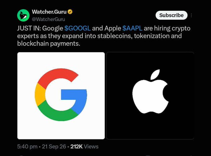 A tweet from Watcher.Guru (@WatcherGuru) reading 'JUST IN: Google $GOOGL and Apple $AAPL are hiring crypto experts as they expand into stablecoins, tokenization and blockchain payments', featuring the Google and Apple logos.