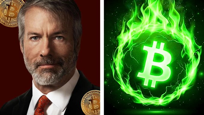 Split image showing a man in a suit with Bitcoin coins on the left and a Bitcoin logo surrounded by green flames on the right.