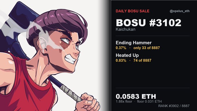 An NFT listing page showing "DAILY BOSU SALE" for "BOSU #3102" by @opelus_eth, featuring artwork of a character with a baseball bat, priced at 0.0583 ETH with stats for "Ending Hammer" and "Heated Up" traits.