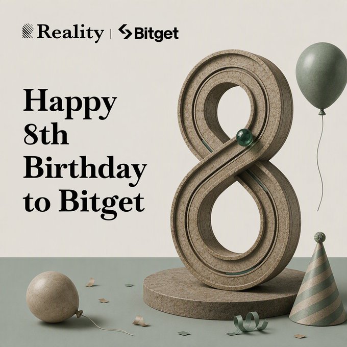 A promotional image for Bitget's 8th birthday featuring a large number '8' sculpture made of cork material, alongside a green balloon and party hat, with the 'Reality | Bitget' logo.