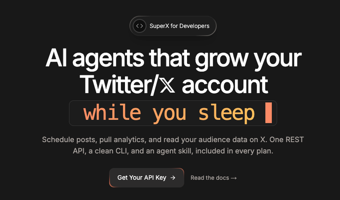 A dark-themed promotional graphic for "SuperX for Developers" advertises AI agents that grow your Twitter/X account while you sleep, featuring a call-to-action to "Get Your API Key" alongside a "Read the docs" link. The image's emphasis on a limited-time, affordable SuperX opportunity directly reinforces the post's urgency about tomorrow's deadline.