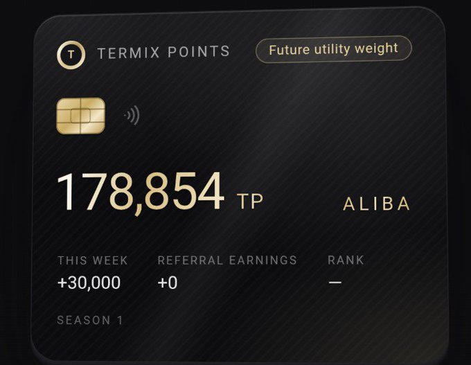 A digital card displaying **178,854 TP (Termix Points)** for user **ALIBA** under "Future utility weight," showing weekly earnings of +30,000 TP and no referral earnings in Season 1. The image illustrates the point-based reward system referenced in the post about Termix's AACP framework, contrasting mere "stars" with weighted, utility-bearing point balances tied to evidence and contribution phases.