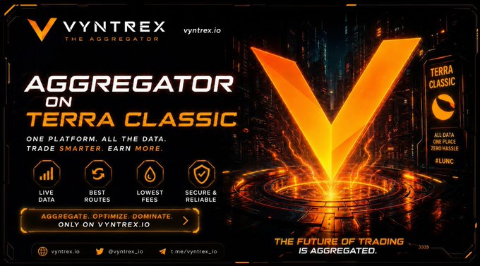 A promotional graphic for 'Vyntrex' advertises an 'Aggregator on Terra Classic' with text including 'Trade Smarter. Earn More,' 'Live Data,' 'Best Routes,' 'Lowest Fees,' and 'Secure & Reliable.'