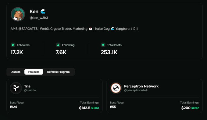 Twitter/X profile of Ken (@ken_w3b3), Kaito Guy and YapYbara ambassador, showing 17.2K followers, 6.7K following, 253.1K posts, with featured projects Tria and Perceptron Network.