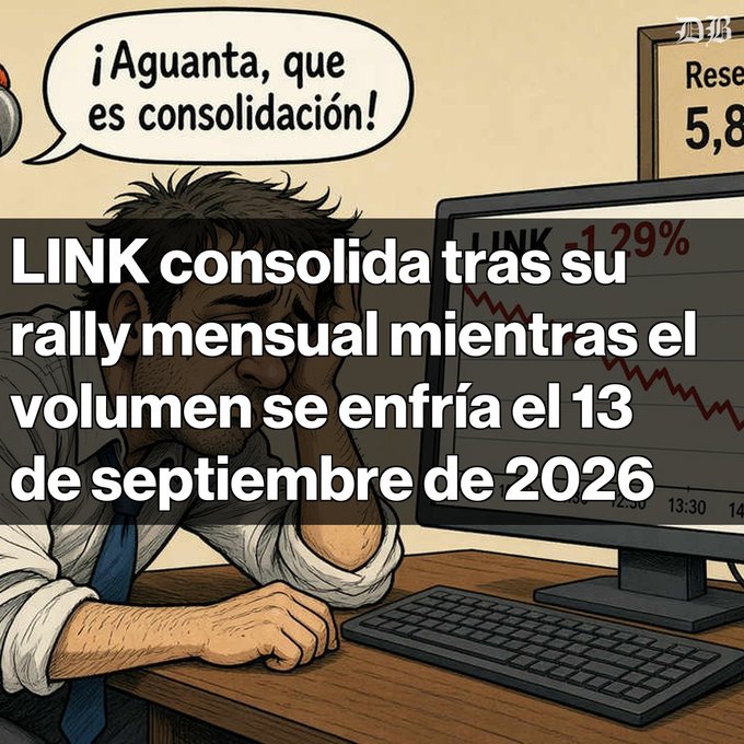 A comic-style illustration of a stressed man at a computer looking at a declining stock chart for 'LINK' with a Spanish speech bubble saying '¡Aguanta, que es consolidación!' and overlay text 'LINK consolida tras su rally mensual mientras el volumen se enfría el 13 de septiembre de 2026'.
