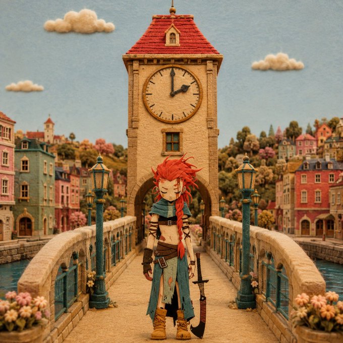 A whimsical, storybook-style illustration of a red-haired character with a sword standing on a stone bridge leading to a clock tower, surrounded by colorful village buildings and a watercolor-like sky.